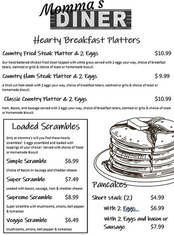 Momma's Diner menu page 1