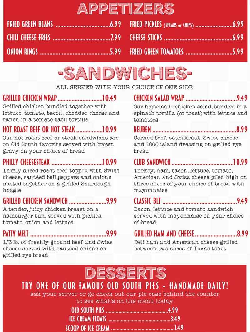 Old South menu page 1