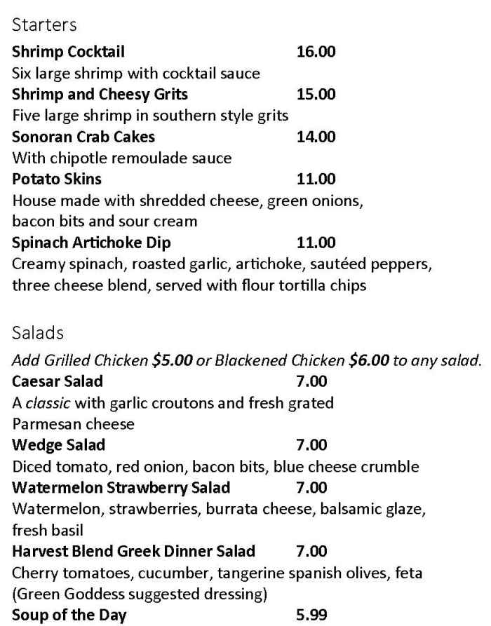 Apache Prime Steakhouse menu page 1