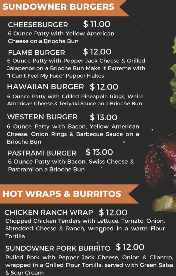 The Sundowner Saloon menu page 1