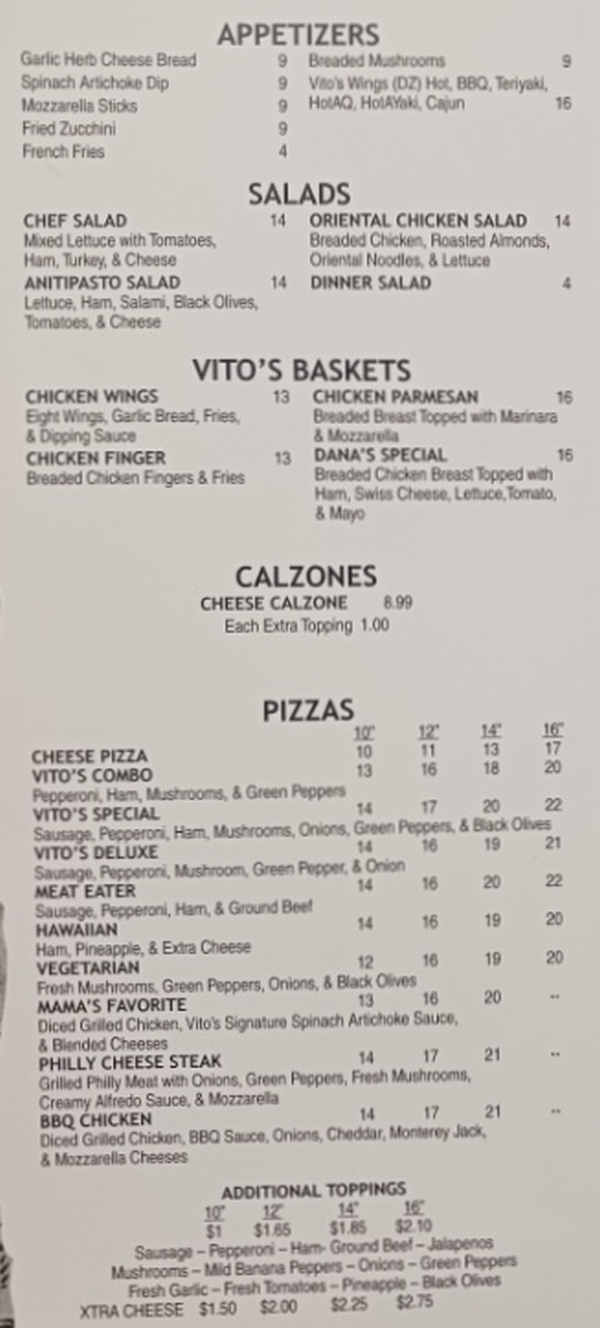 Vito's Italian Cuisine menu page 1