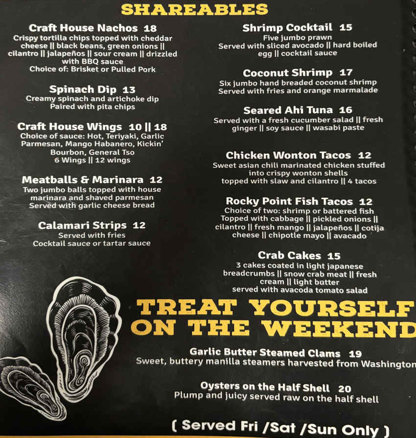 Kingman Craft House menu page 1