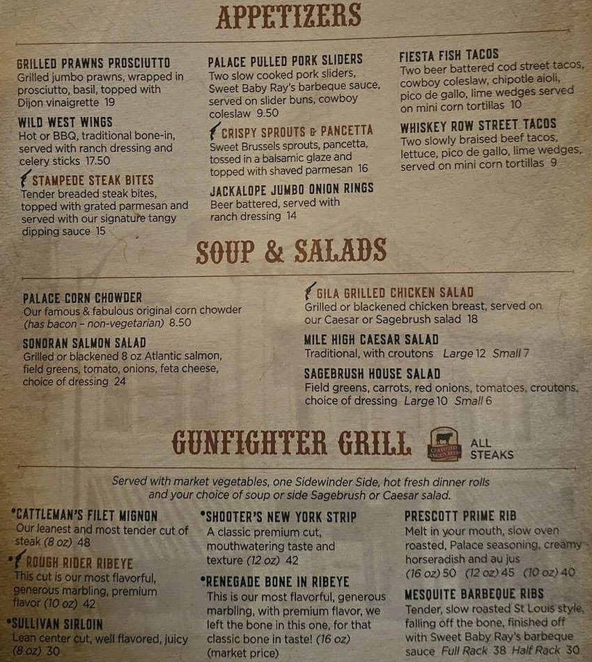 The Palace menu page 1