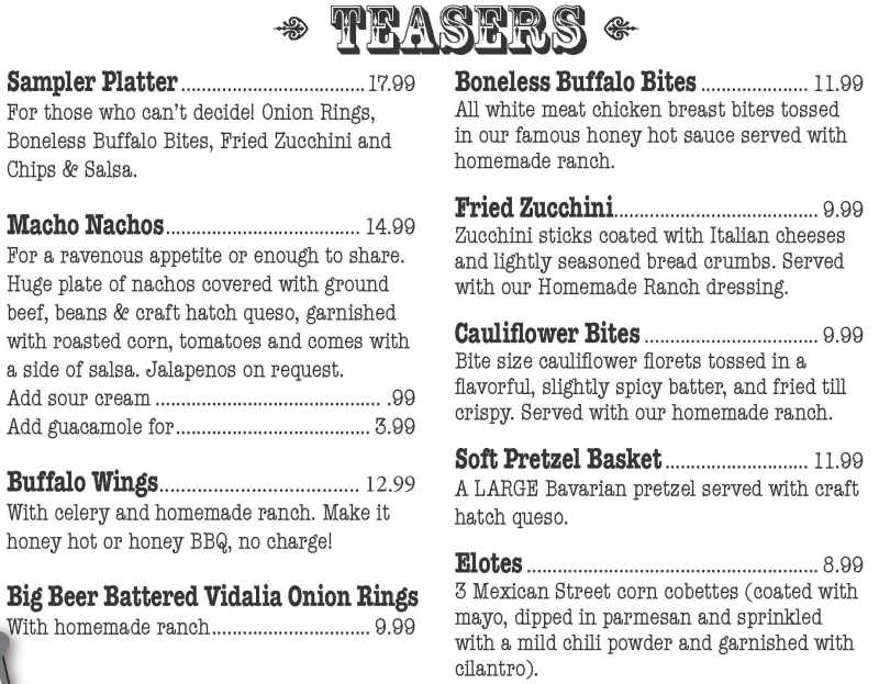 Big Nose Kate's Saloon menu page 1