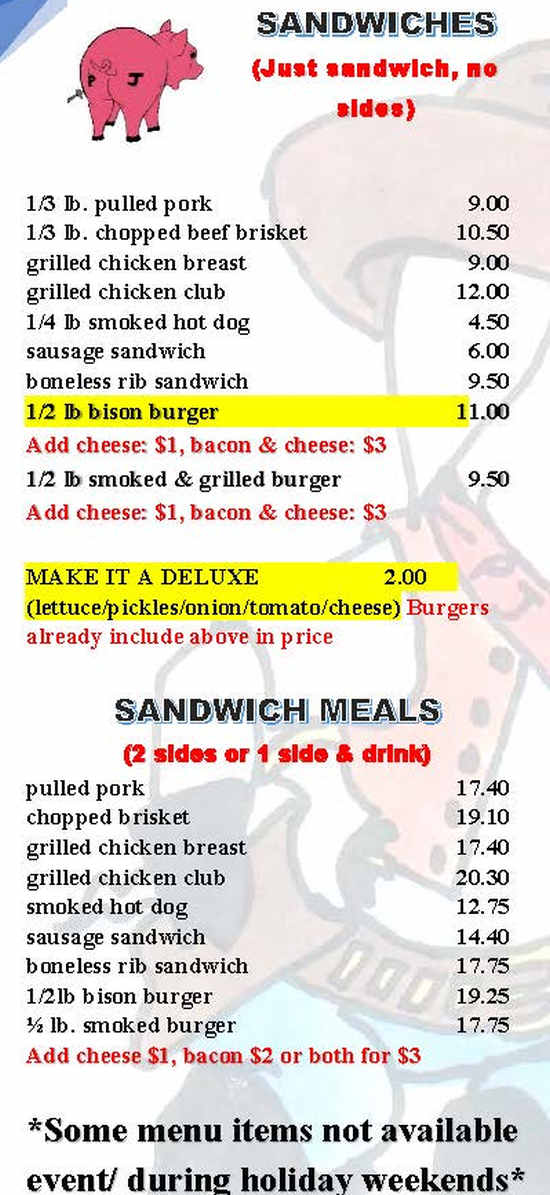 Puny John's BBQ menu page 1