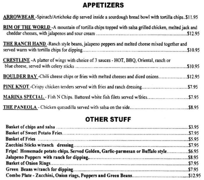 Big Bear Mountain Brewery menu page 1