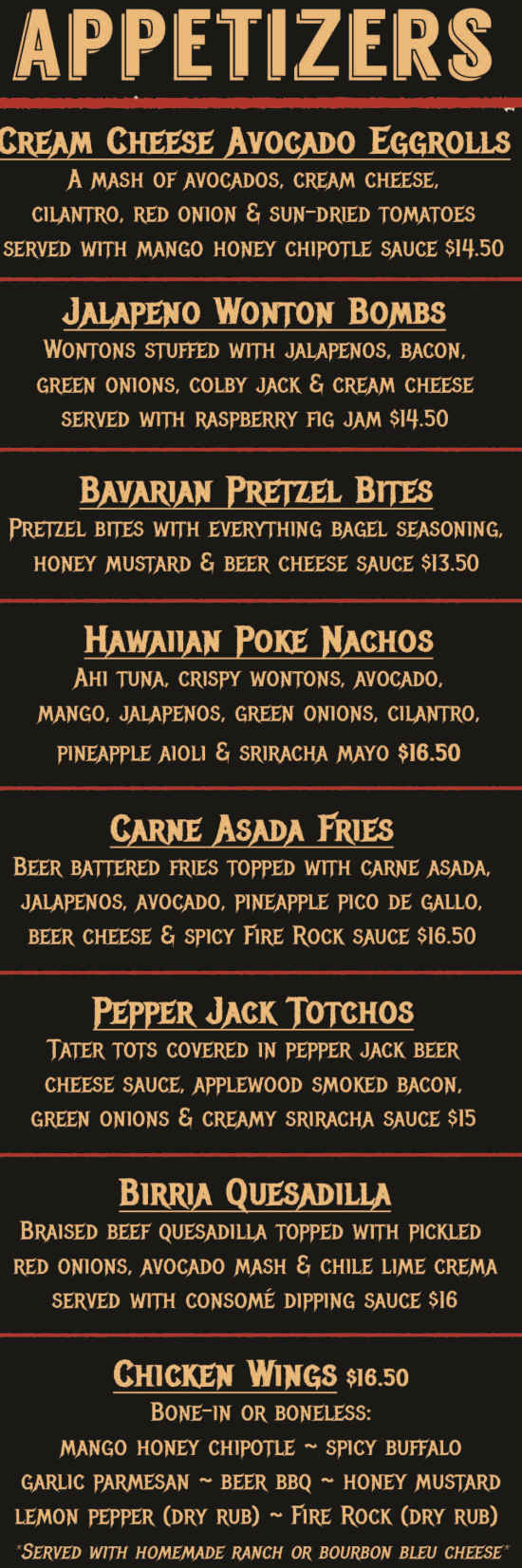 Fire Rock menu page 1