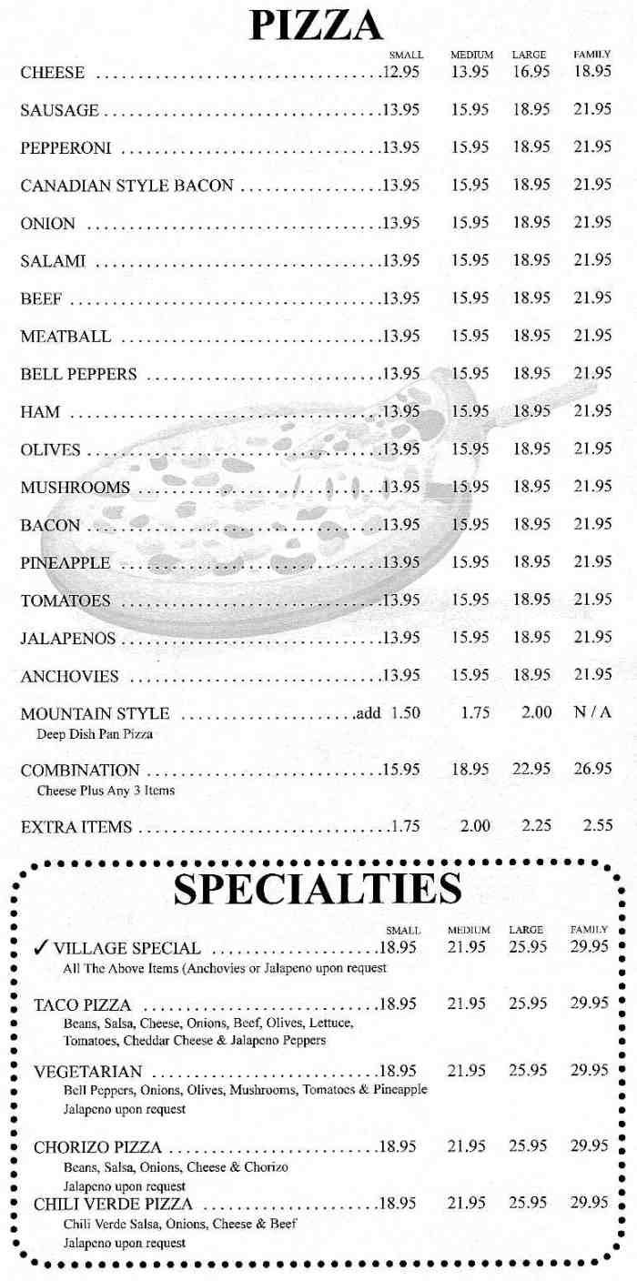 Village Pizza menu page 1