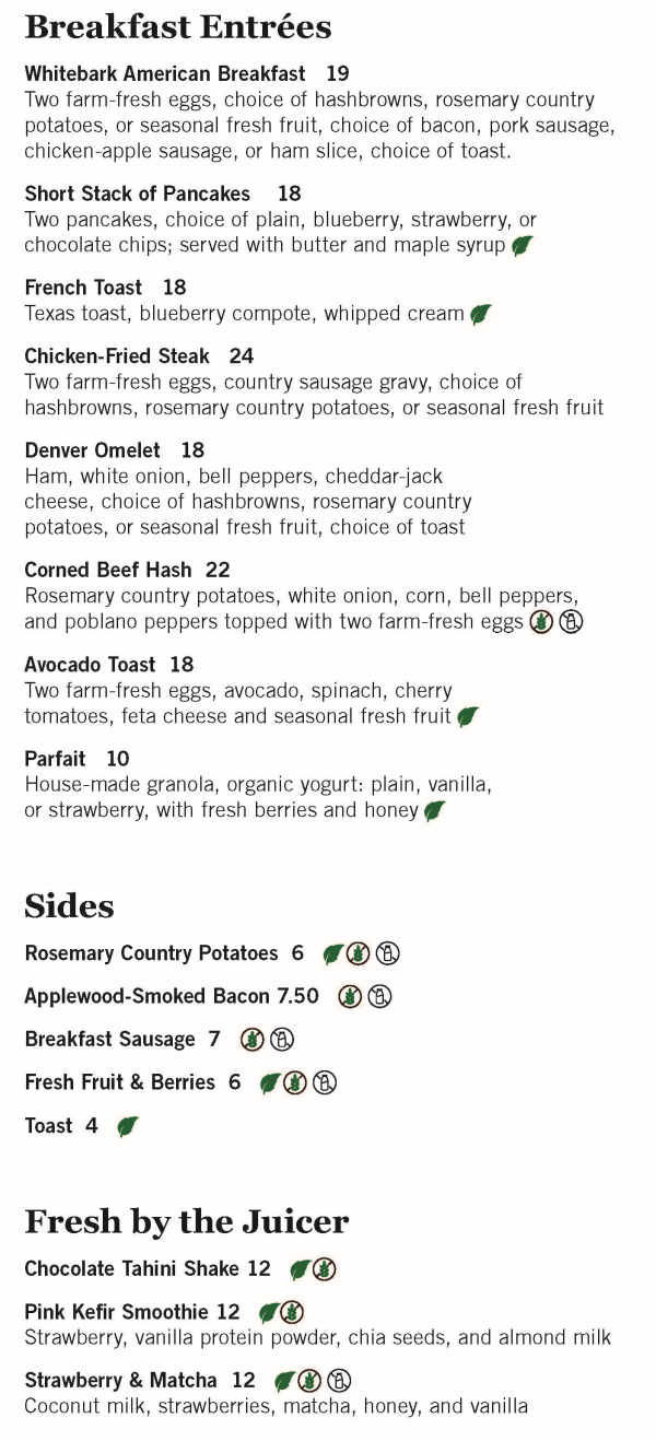 Whitebark Restaurant menu page 1