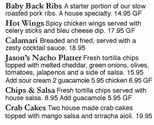 Jason's Beachside Grille menu page 1