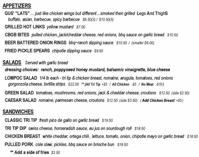 Gus' BBQ Tahoe menu page 1