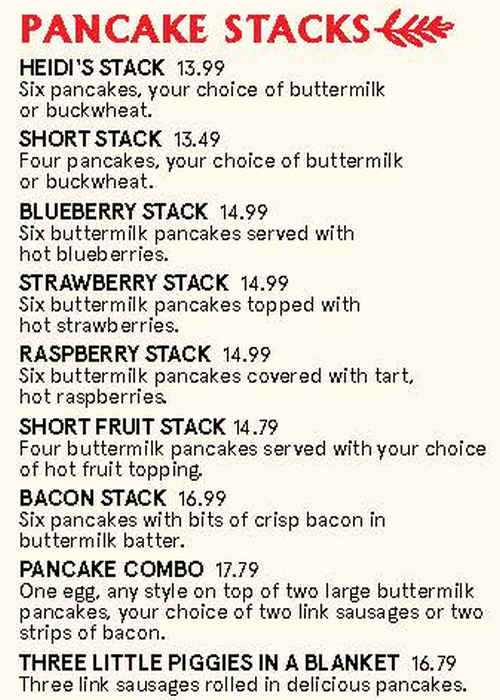 Heidi's Pancake House menu page 1