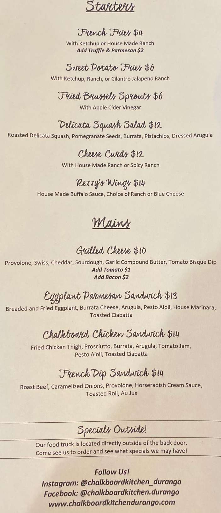 Chalkboard Kitchen menu page 1