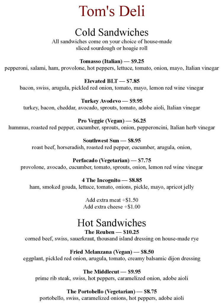 Tom's Deli menu page 1