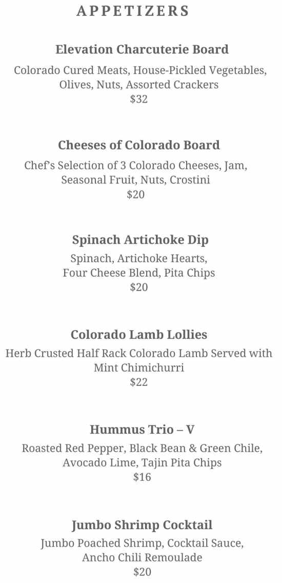 Cascades Restaurant menu page 1