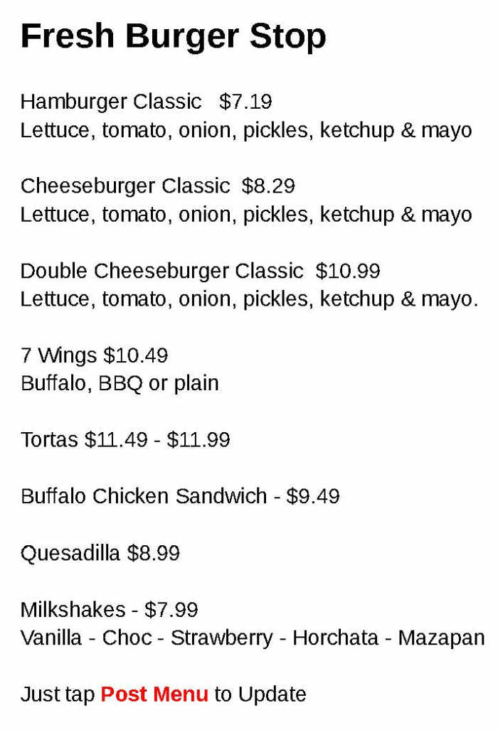 Fresh Burger Stop menu page 1
