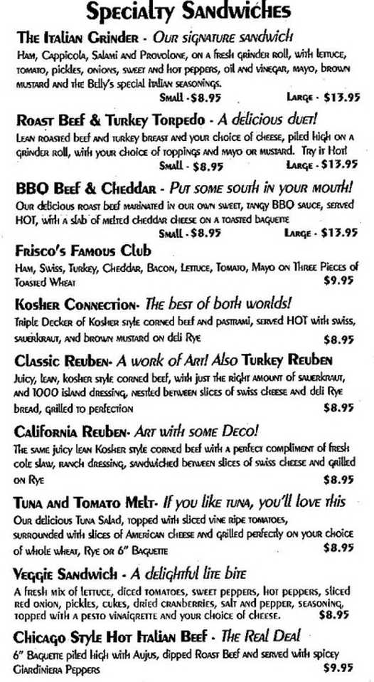 Deli Belly's menu page 1