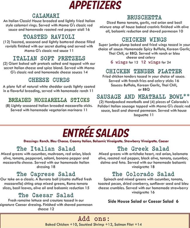 Greco's Pastaria menu page 1