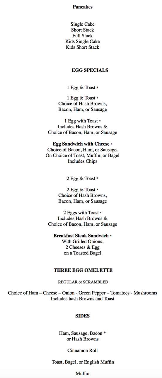 Barnstormer Restaurant menu page 1