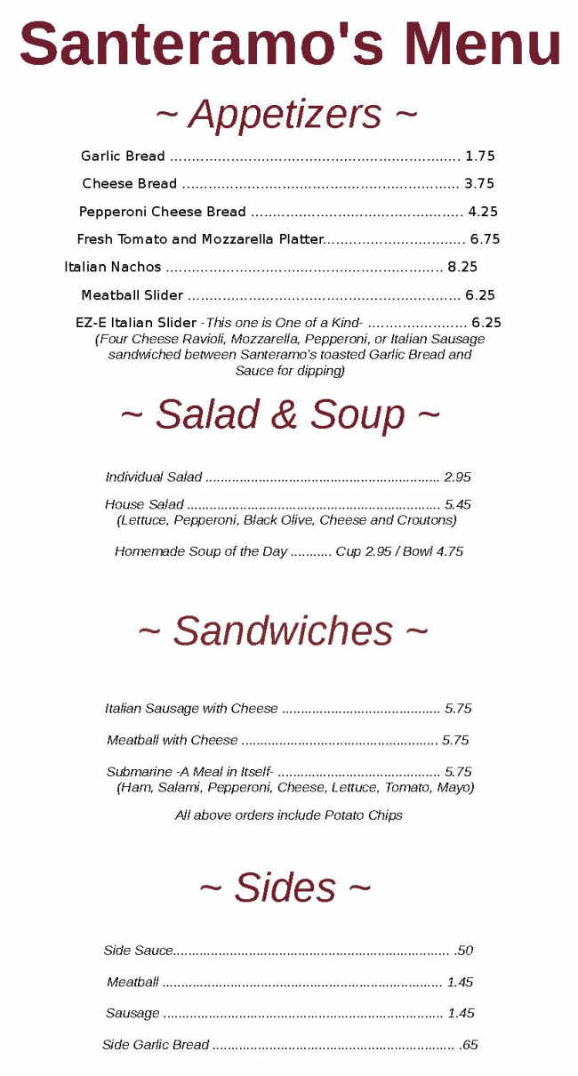 Santeramo's Pizza House menu page 1