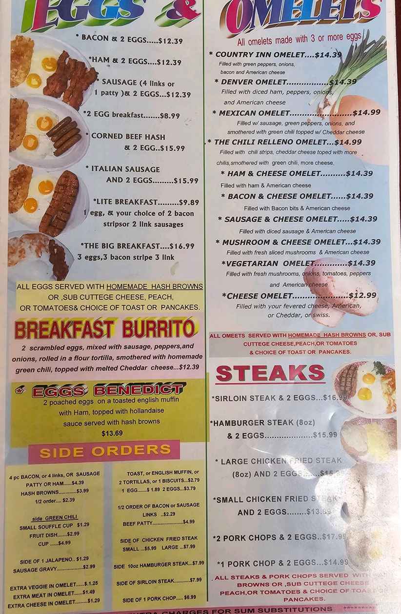 The Country Inn Restaurant menu page 1