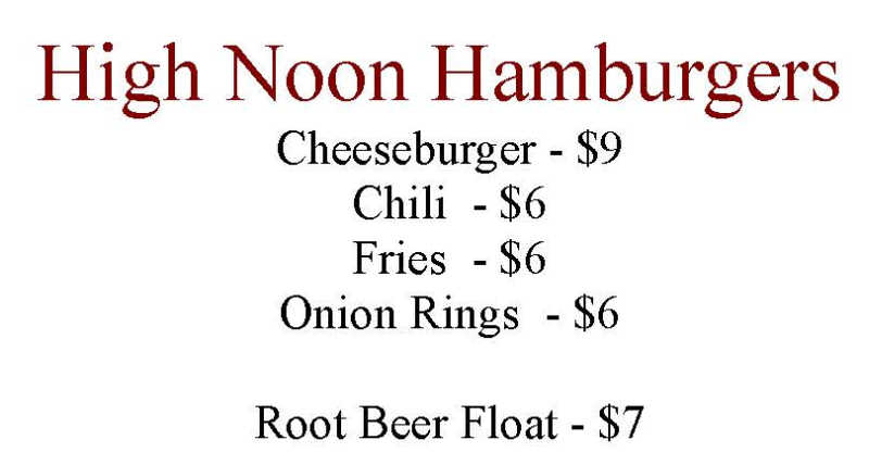 High Noon Hamburgers menu page 1