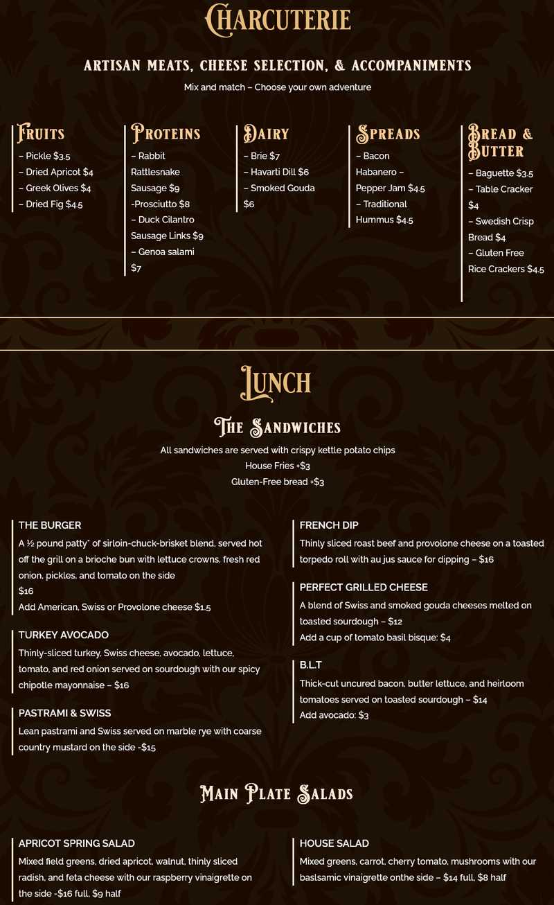 Lacey Rose Saloon menu page 1