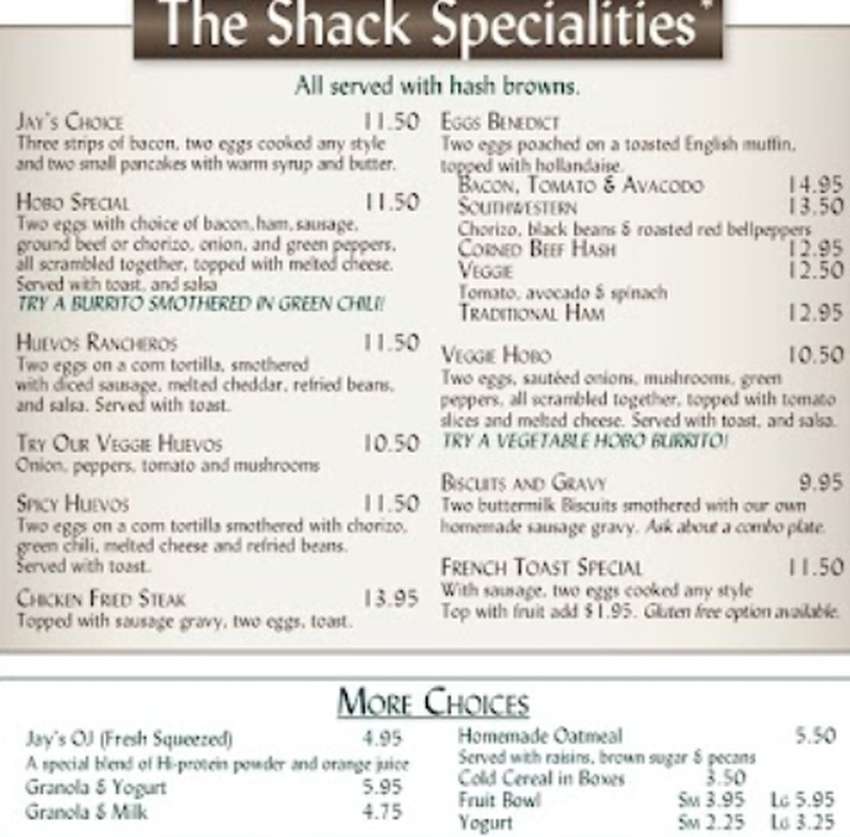 The Shack Cafe menu page 1
