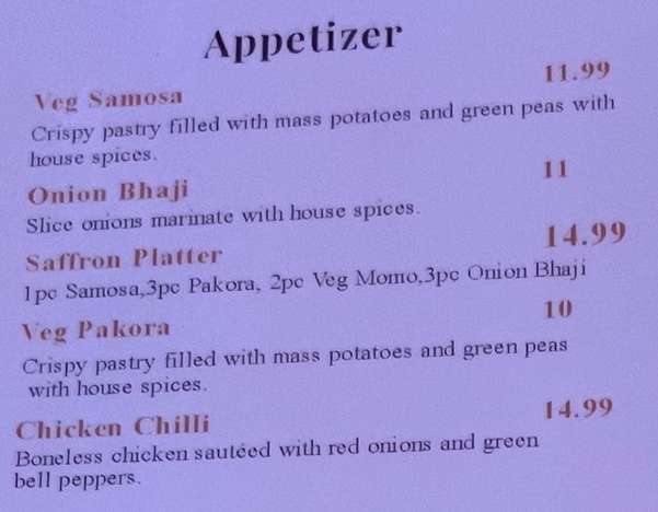 Saffron Indian menu page 1