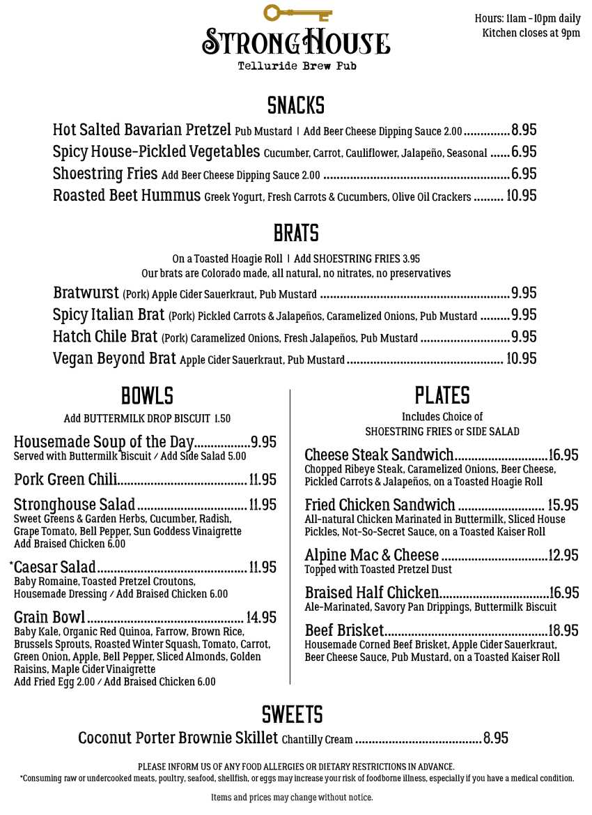 Stronghouse Brew Pub menu page 1