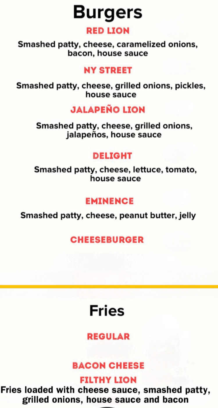 Red Lion Burger menu page 1
