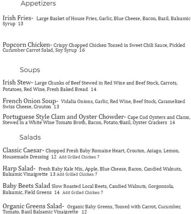 The Harp on Church menu page 1