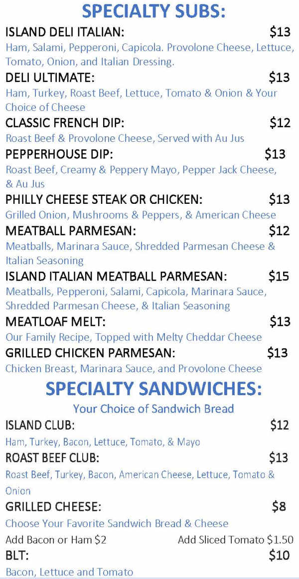 Island Deli menu page 1