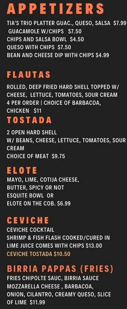 Tia Cori's Tacos menu page 1
