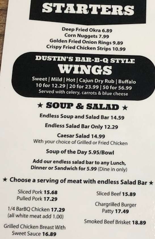 Dustin's Bar-B-Q menu page 1