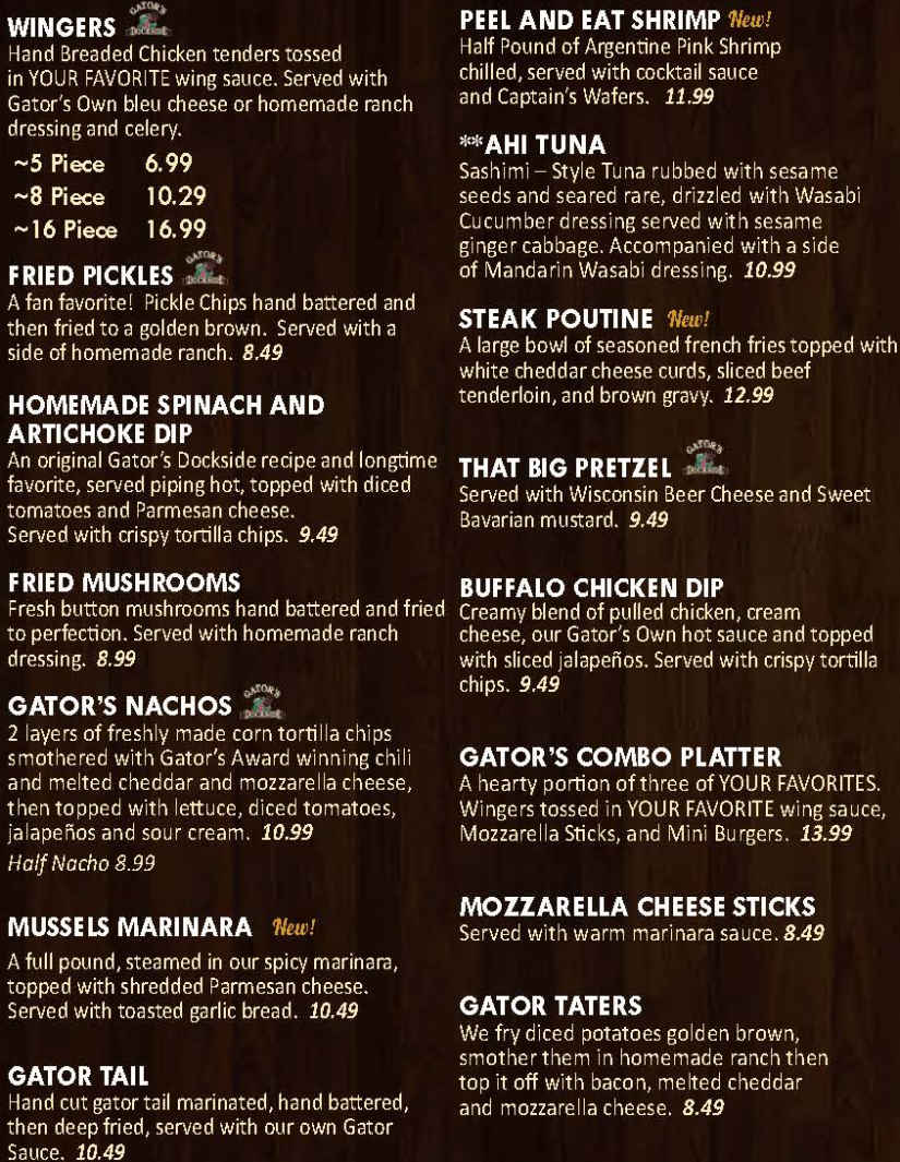 Gators Dockside menu page 1
