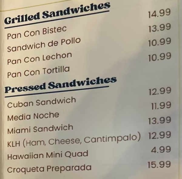 Keys Latin House menu page 1