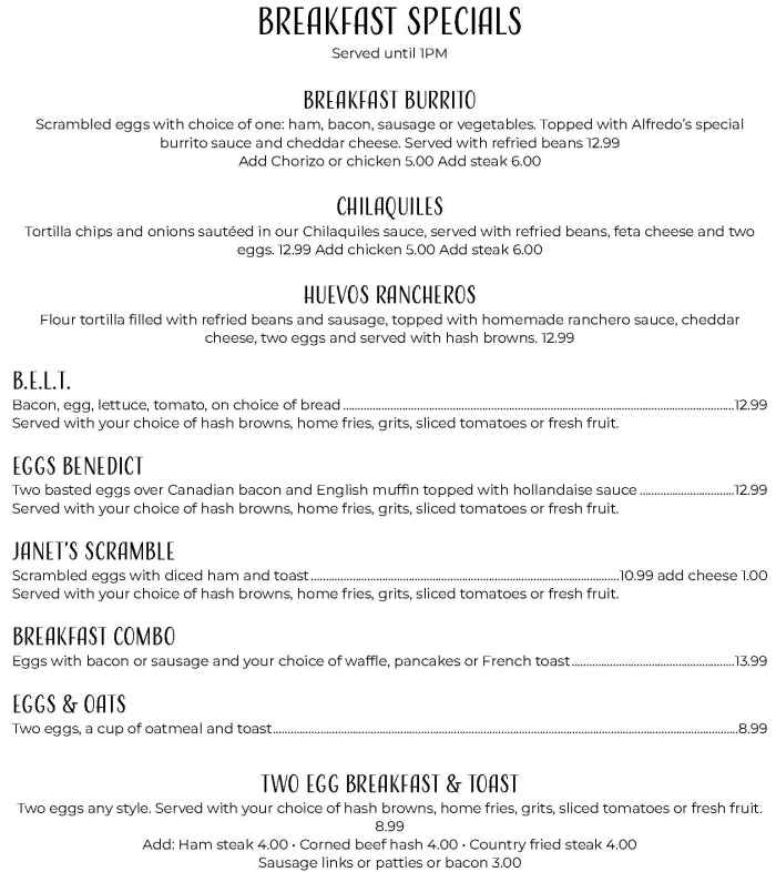 Alfredo's Cookhouse menu page 1