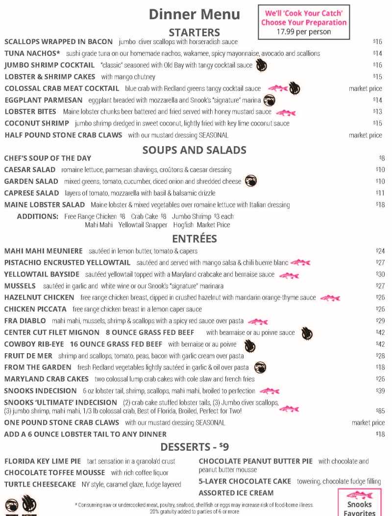 Snook's Bayside & Tiki menu page 1