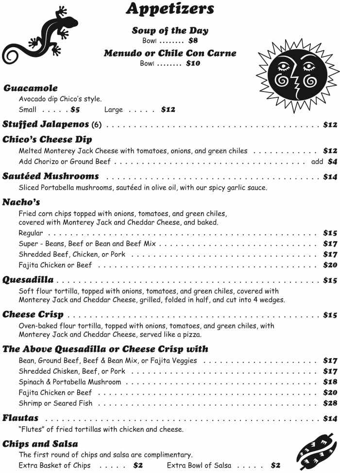Chico's Cantina menu page 1