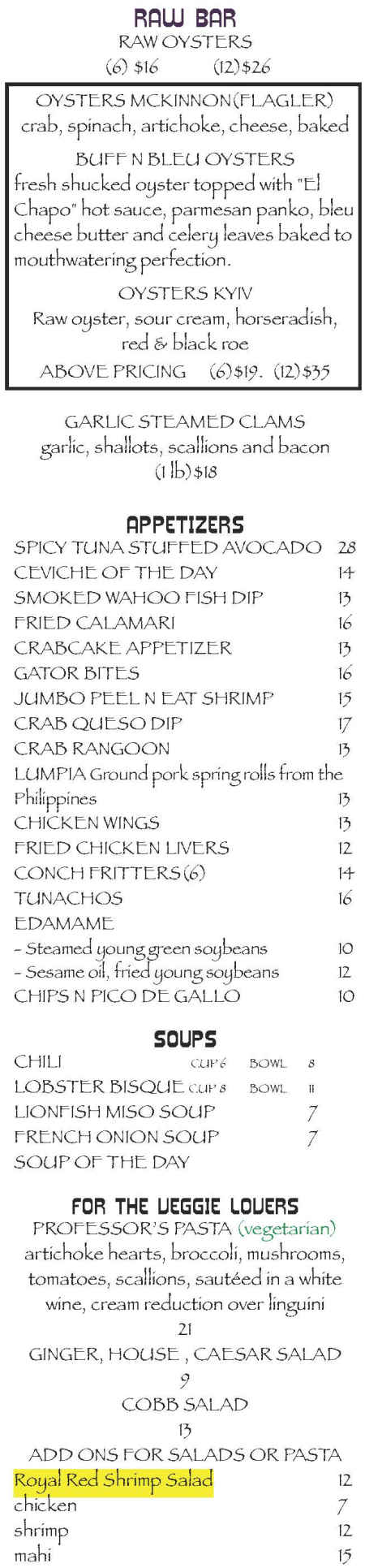 Castaway menu page 1