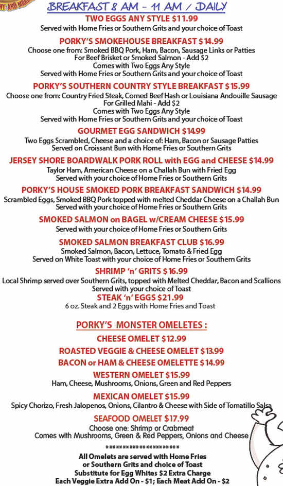 Porky's Bayside BBQ menu page 1