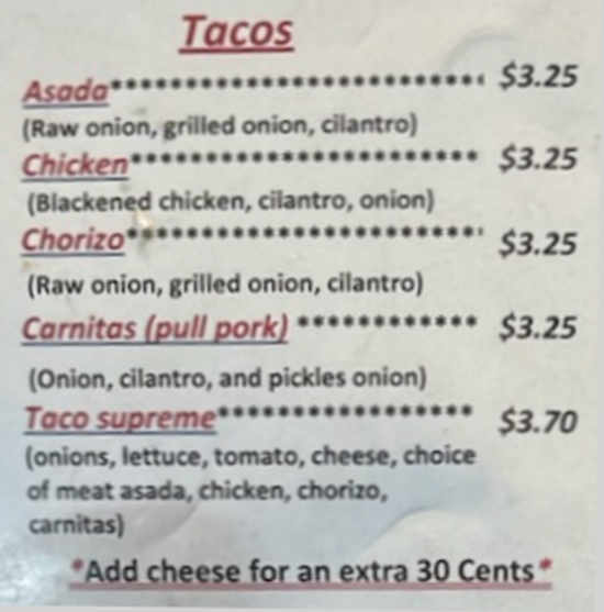 Takeria La Palapa menu page 1