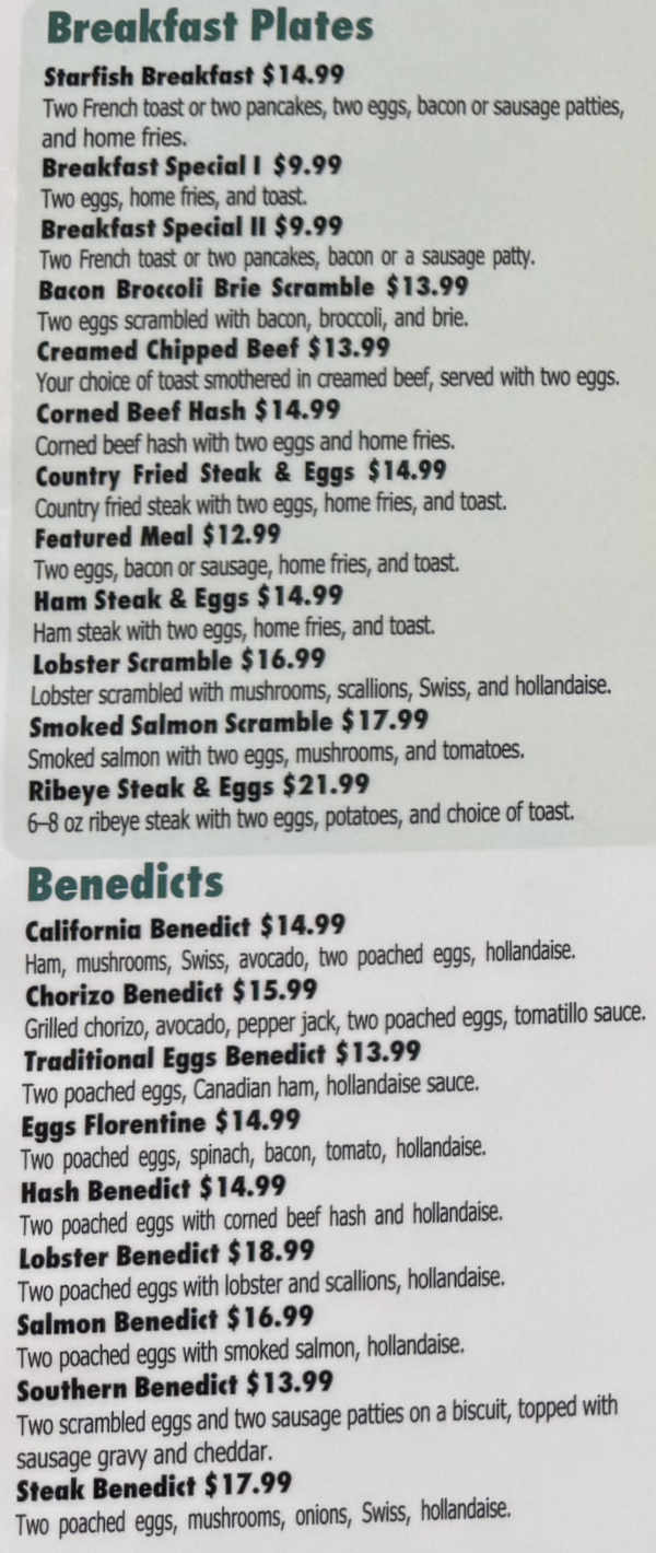 Starfish Kitchen menu page 1