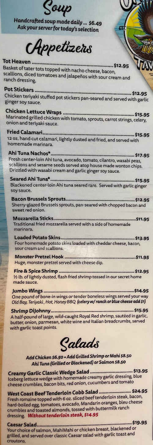 Off The Rock Tavern menu page 1