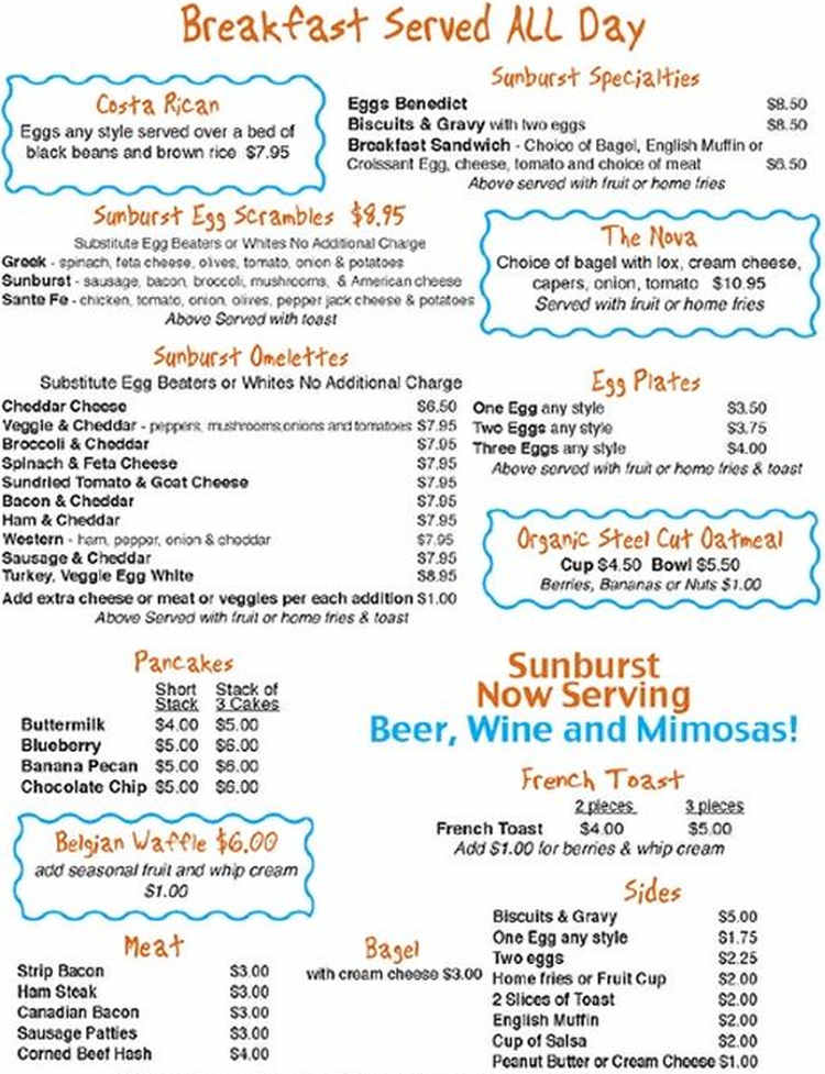 Sunburst Cafe menu page 1