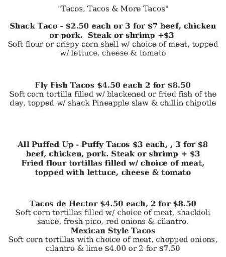 The Taco Shack menu page 1