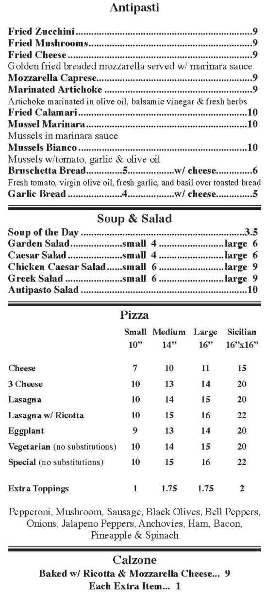 Touch of Italy menu page 1