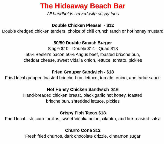 Hideaway Beach Bar menu page 1