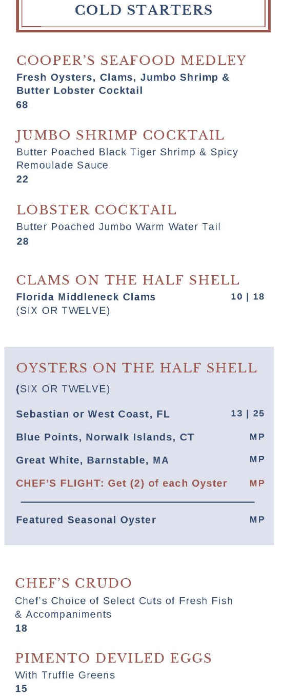 Cooper's Chop House & Seafood menu page 1